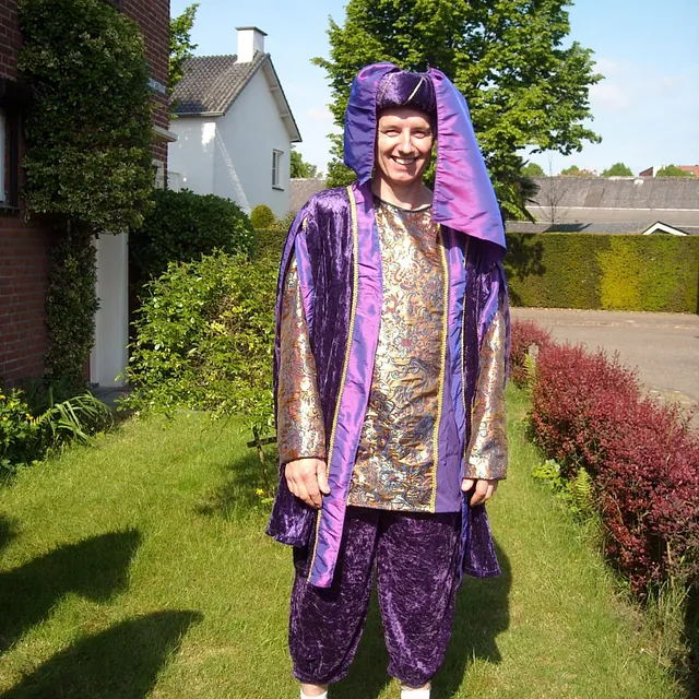 Man in paarse middeleeuwse kleding 